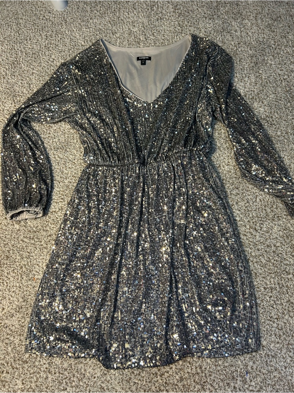 Express Silver Sequin V-Neck Mini Dress